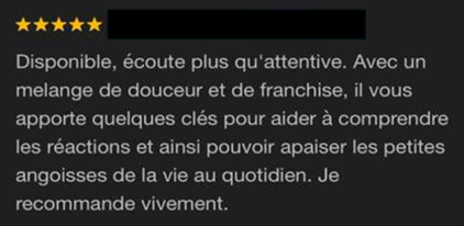 Capture d’écran d’un avis Google cinq étoiles décrivant une approche thérapeutique apaisante faite avec douceur et franchise.