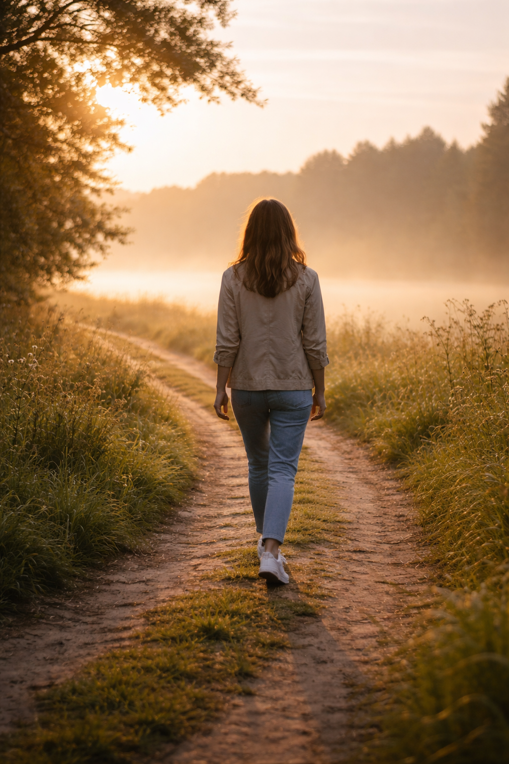 Femme marchant sur un sentier au lever du jour, illustration d’un accompagnement pour retrouver direction et clarté à Seraing